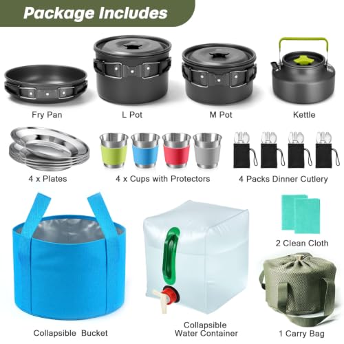 29-Piece Camping Cookware Set with Non-Stick Pots, Utensils & Collapsible Water Containers