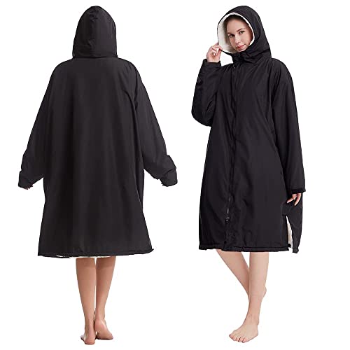 Waterproof Swim Poncho with Sherpa Lining - Windproof Surf Parka, One Size, Black