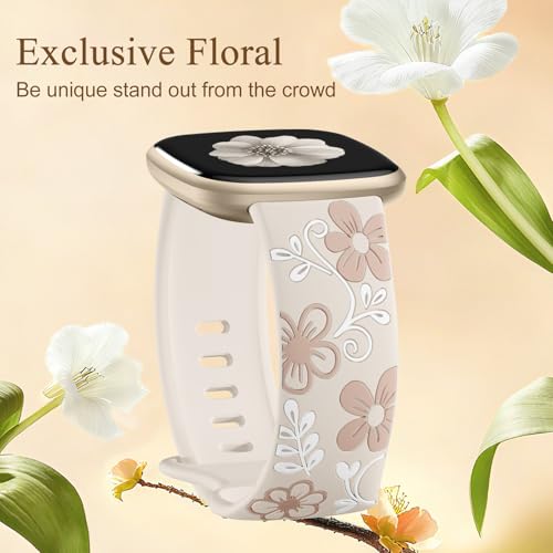 GEAK Floral Design Watch Band for Fitbit Sense/Sense 2/Versa 3/4 - Starlight Nude Flower, Silicone Replacement Wristband for Women & Men