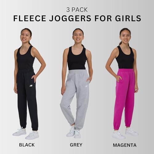 Girls Fleece Joggers 3-Pack - Black, Grey, Magenta | Sizes 14-16