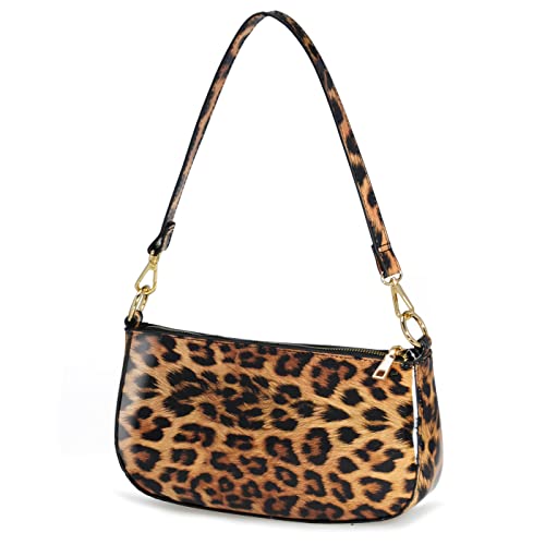 Brown Leopard Glossy Patent Vegan Leather Shoulder Bag - 90s Clutch Purse for Women