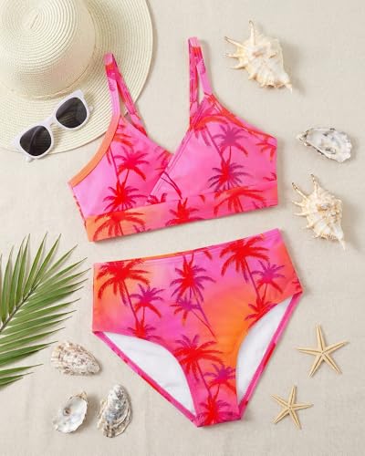 Girls 2-Piece Swimsuit Bikini Set with Adjustable Shoulder Straps - Pink Gradient Coconut Tree / 12