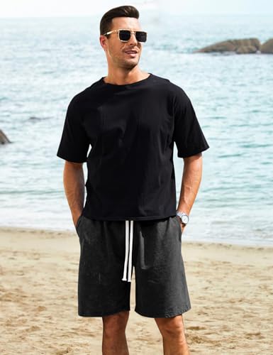 Flygo Men's 3 Pack Athletic Sweat Shorts - Acid Washed with Pockets - Large / Black Light Grey Green