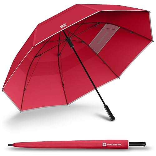 Weatherman Windproof Golf Umbrella - 55 MPH Wind-Resistant Sport Umbrella - Red, 2 Sizes