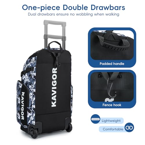 Blue Camo Rolling Baseball Bag 60L with Wheels Holds 4 Bats & Shoes Youth Equipment