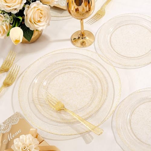 Gold Glitter Disposable Plates Set - 200 Pieces for Wedding & Party - Includes 100 Dinner & 100 Dessert Plates - Gold