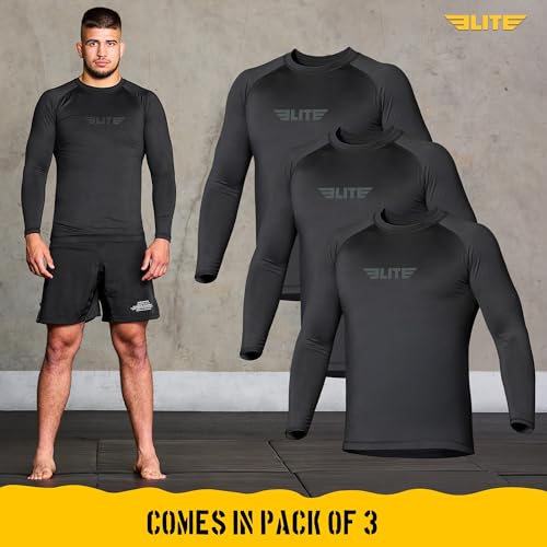 Elite Sports Men's Jiu Jitsu Rash Guard Long Sleeve Compression Shirt - Large Black Pack of 3