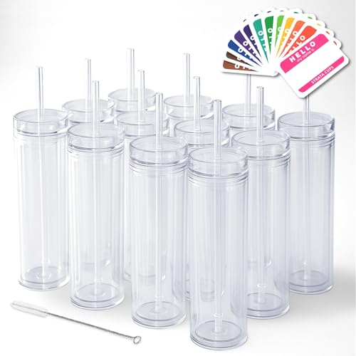 24 Pack Clear Reusable Acrylic Tumblers with Lids & Straws - 16oz Double Wall