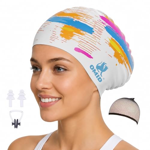 OMID Multi-Color Streak Silicone Swim Cap for Long & Thick Hair - Extra Large Pool & Beach