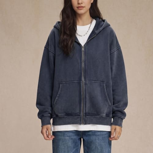 Unisex Double Zip Hoodie Sweatshirt Small Navy Blue Oversized Fleece