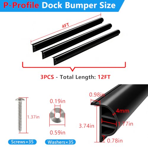 SHENGHUOH Black 12FT P-Profile Boat Dock Bumpers with Stainless Steel Screws & Washers