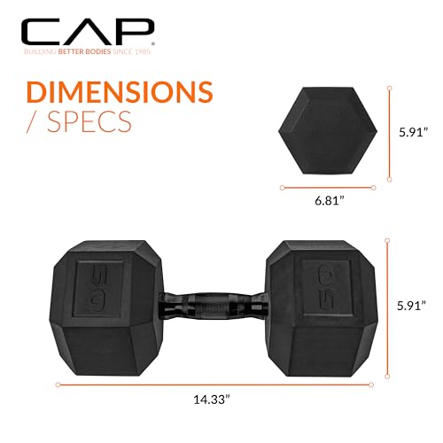 CAP 50 lb Black Rubber Coated Hex Dumbbell - Anti-Roll, Comfort Grip Handles