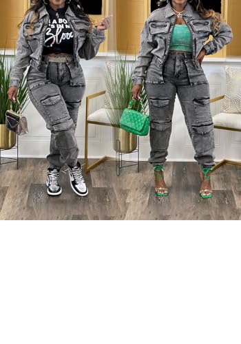 Grey Large Denim 2-Piece Women's Jean Outfit Set Cargo Y2K Streetwear