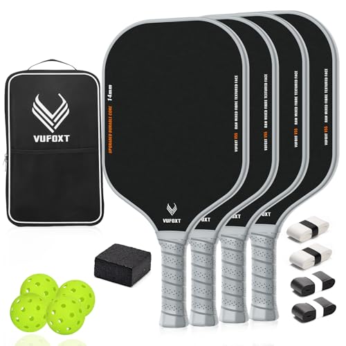 Grey Pickleball Paddles Set of 4 - USAPA Approved Carbon Fiber Surface, Lightweight 14mm PP Honeycomb Core for Beginners