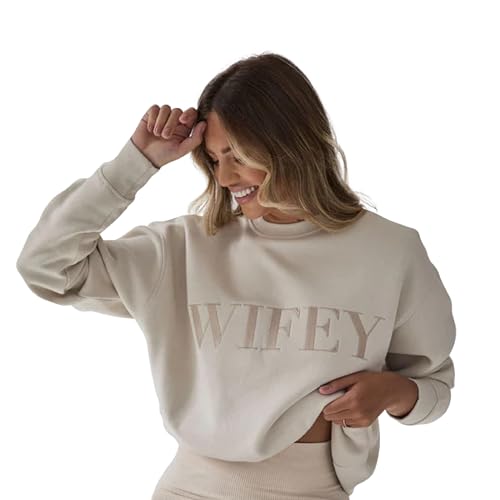 Oversized Wifey Sweatshirt for Newlywed Bride - Medium Beige Cozy Embroidered Champagne Crewneck