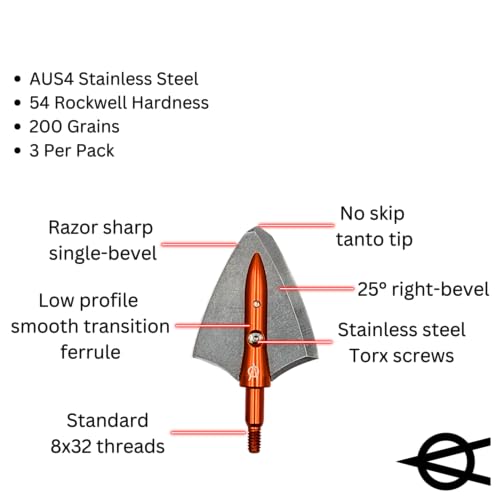 Single Bevel Broadheads 3 Pack - 200 Grain Arrow Tips for Hunting