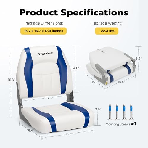 VIVOHOME Waterproof Folding Boat Seat Blue & White - 2 Pack Low Back Captain Chairs