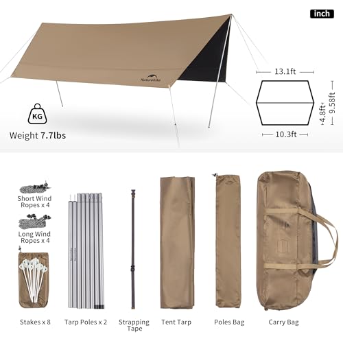 Naturehike 13x9.6ft Waterproof Camping Tarp with Poles - Rain Shelter & Sun Canopy