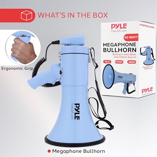 50W Blue Megaphone Bullhorn with Siren, AUX Input & Adjustable Volume
