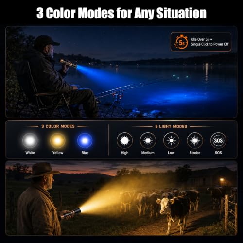 SKYFIRE Rechargeable Tactical Flashlight with 3 Lens Set, 5000 Lumens, Zoom, 6 Modes, Waterproof, Outdoor & Emergency Light