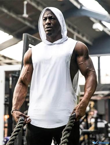 Men's Workout Hooded Tank Top - White Large - Bodybuilding Muscle Gym Sleeveless T-Shirt