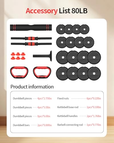 Mirravative Adjustable Dumbbells 80LBS Black Set with Kettlebell Handle - 4-in-1 Home Gym Equipment