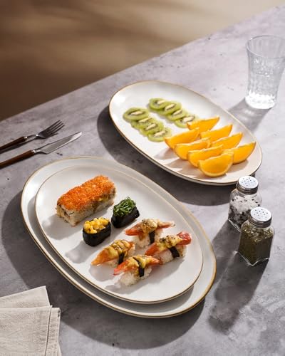 Famiware Vanilla White Serving Platters Set of 3 - Oval Stoneware Trays for Food