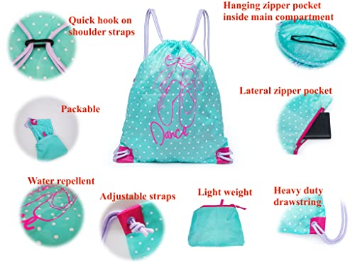 Drawstring Dance Bag for Girls - Packable Ballet & Gym Cinch Bag, Ice Green & Red
