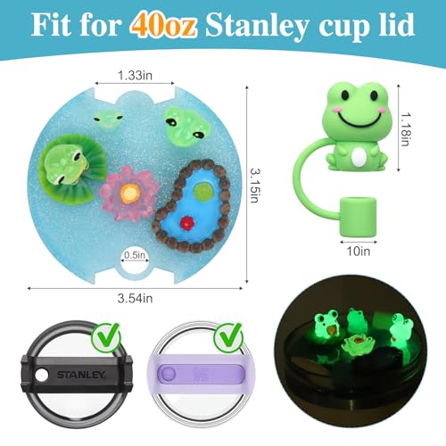 40oz Frog Stanley Cup Lid Accessories with Charms & Silicone Straw Cover - Glow-in-Dark