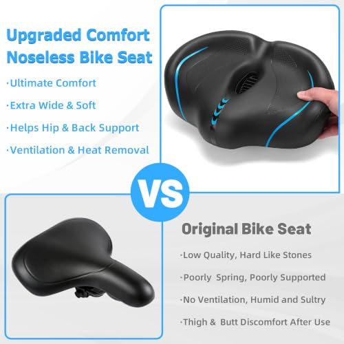 CDYWD Noseless Oversized Bike Seat Blue - Extra Wide Padded Bicycle Saddle for Comfort
