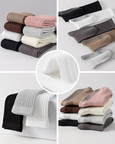 3 Pairs Non-Slip Grip Pilates Socks for Women - Long Slouchy Yoga & Workout Socks, White/Black/Light Grey, One Size