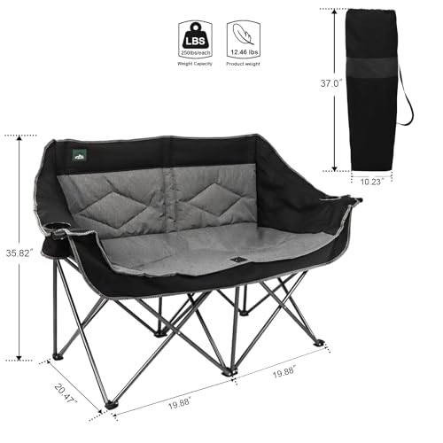 Northroad Black & Grey Folding Loveseat Camping Chair for 2 with Cup & Wine Glass Holders