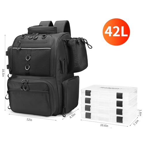 Fishing Tackle Backpack with Rod Holders & 4 Tackle Boxes - Black, 1600D Nylon