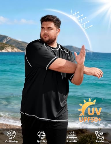 Roadbox Big & Tall Men's Swim Shirt UPF 50+ Short Sleeve Rash Guard 3X-Large Black