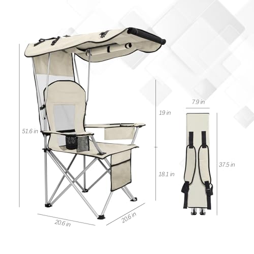 Cream White Camping Chair with Canopy & Cup Holder - Portable Folding Recliner for Adults