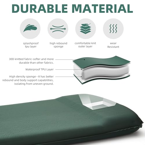 INVOKER Green Self-Inflating Camping Sleeping Pad 75 x 24 x 3.15 in