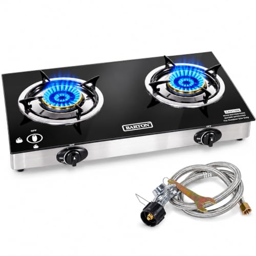 Portable Propane Gas Stove with 2 Burners, 25,516 BTU, Auto Ignition, Tempered Glass Top for Camping, RV, Backyard Cooking