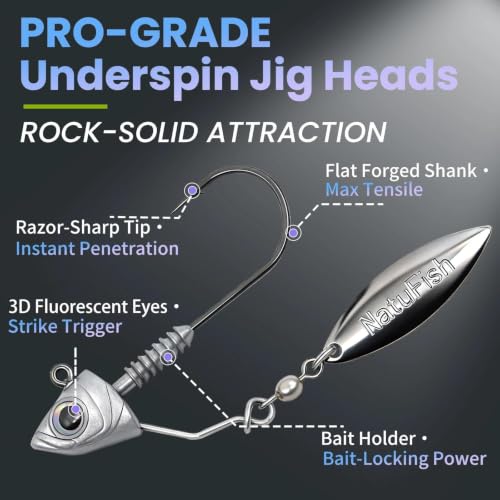 Natufish Underspin Jig Heads 6Pcs Brass Blade Flash for Bass Saltwater - 1/8 oz / 3.5g