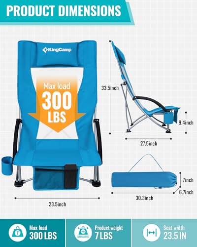 KingCamp Ergobreeze H Blue Wide Low Folding Beach Chair for Adults