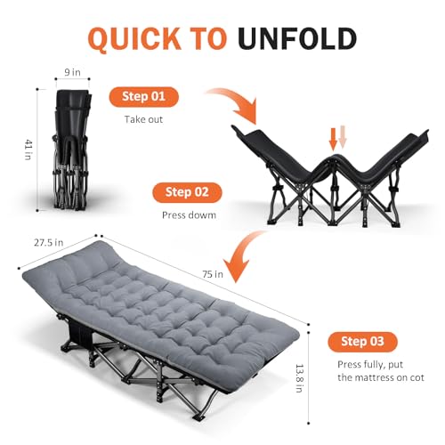 Adult Camping Cot with Cushion - Foldable Bed, Grey Portable Rest