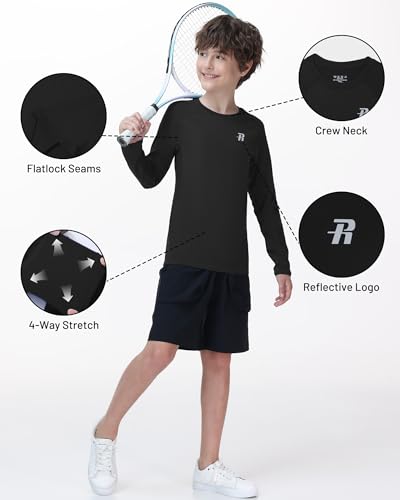 Runhit Youth Boys Compression Shirt Long Sleeve Athletic Undershirt - Large Black UPF 50+