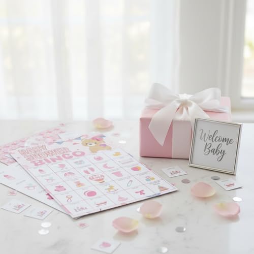 Baby Shower Bingo Game Cards Set Pink Teddy - Family & Party Activity