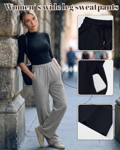 Women's Wide Leg Baggy Sweatpants with Pockets - Medium Navy Blue Gray Black
