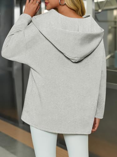 Fisoew Women's Oversized Hoodies Sweatshirt Grey Large Fall Winter Casual Fleece V-Neck Long Sleeve Hooded Top