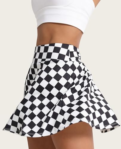Women's Pleated Tennis Skirt with Shorts & Pocket - High Waist Golf Skort, Checkered Medium/Variation