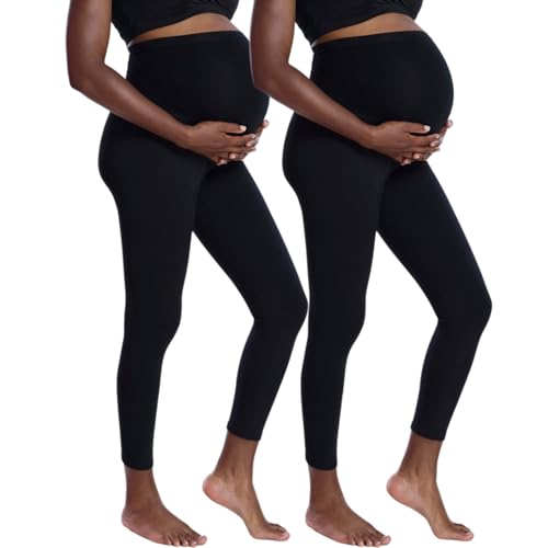2-Pack Black Maternity Leggings with Secret Fit Belly - Full Length Pregnancy Support