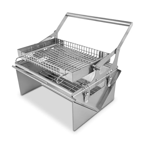 Portable 360° Rotating Charcoal Grill with Flipping Basket - Stainless Steel Camping BBQ