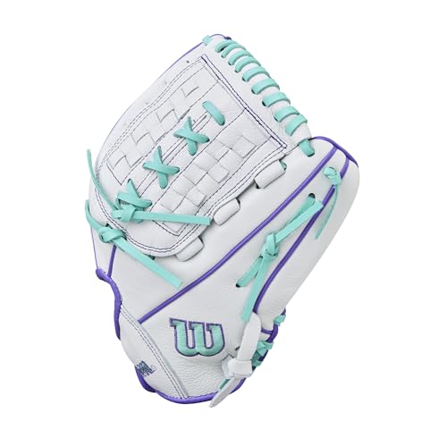 Fastpitch Softball Gloves 11.75 Inch Infield/Pitcher Right Hand Throw White Purple Seafoam