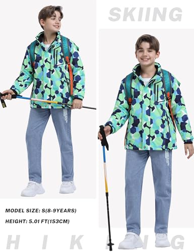 Kids Skiing Jacket for Boys 14-16 Years Hooded Winter Snowboard Coat Green Print