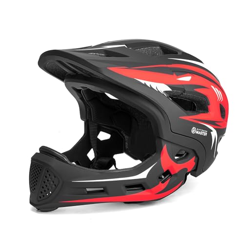 Kids Full Face Bike Helmet - Lightweight, Detachable Chin Guard, Red, S